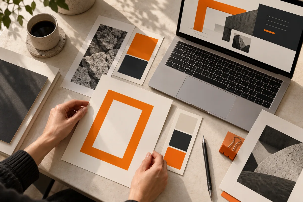 KI-generiertes Symbolmotiv: Gestaltung mit orangefarbenen Layouts, Papier und Laptop