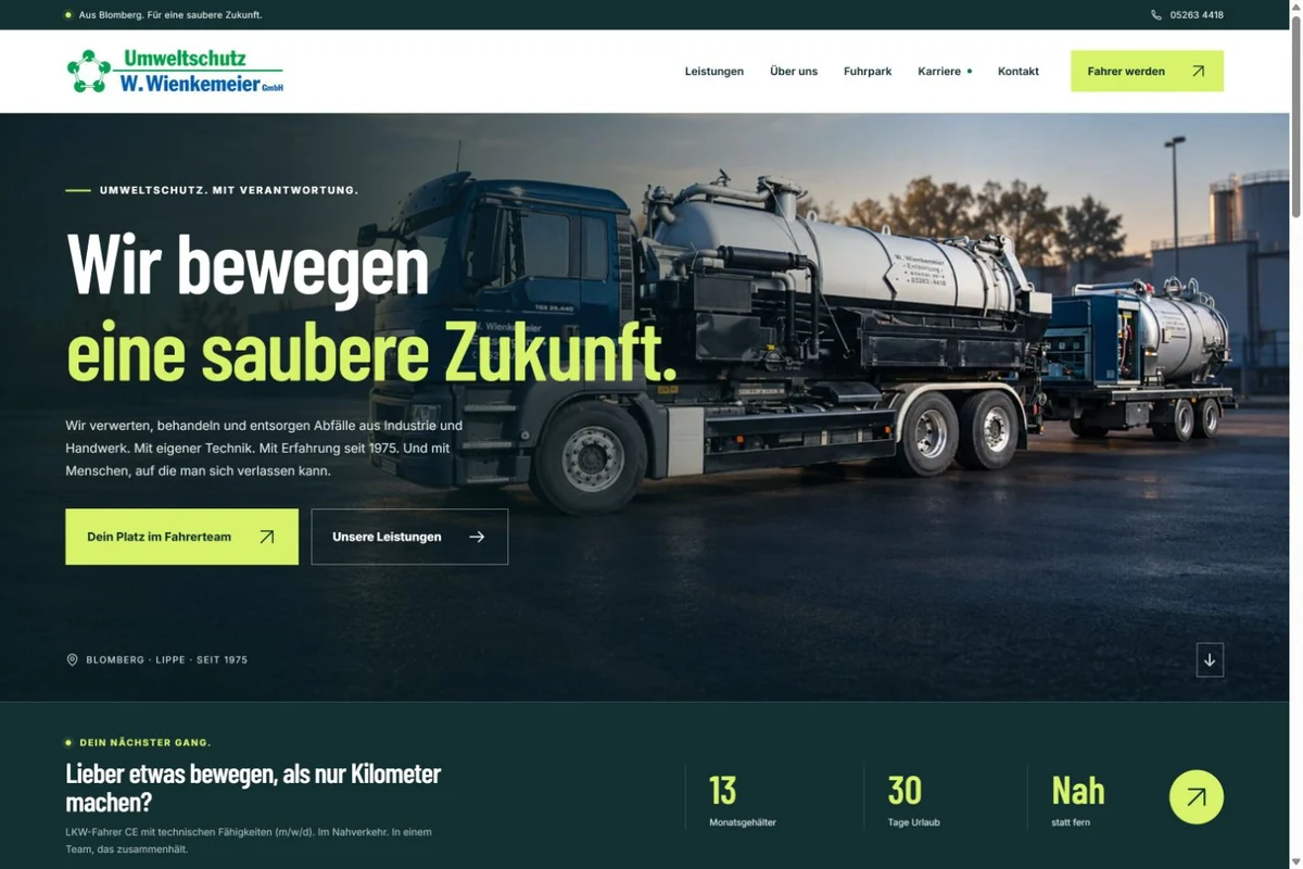 Neue Wienkemeier-Website mit Saugfahrzeug und dem Leitmotiv Wir bewegen eine saubere Zukunft